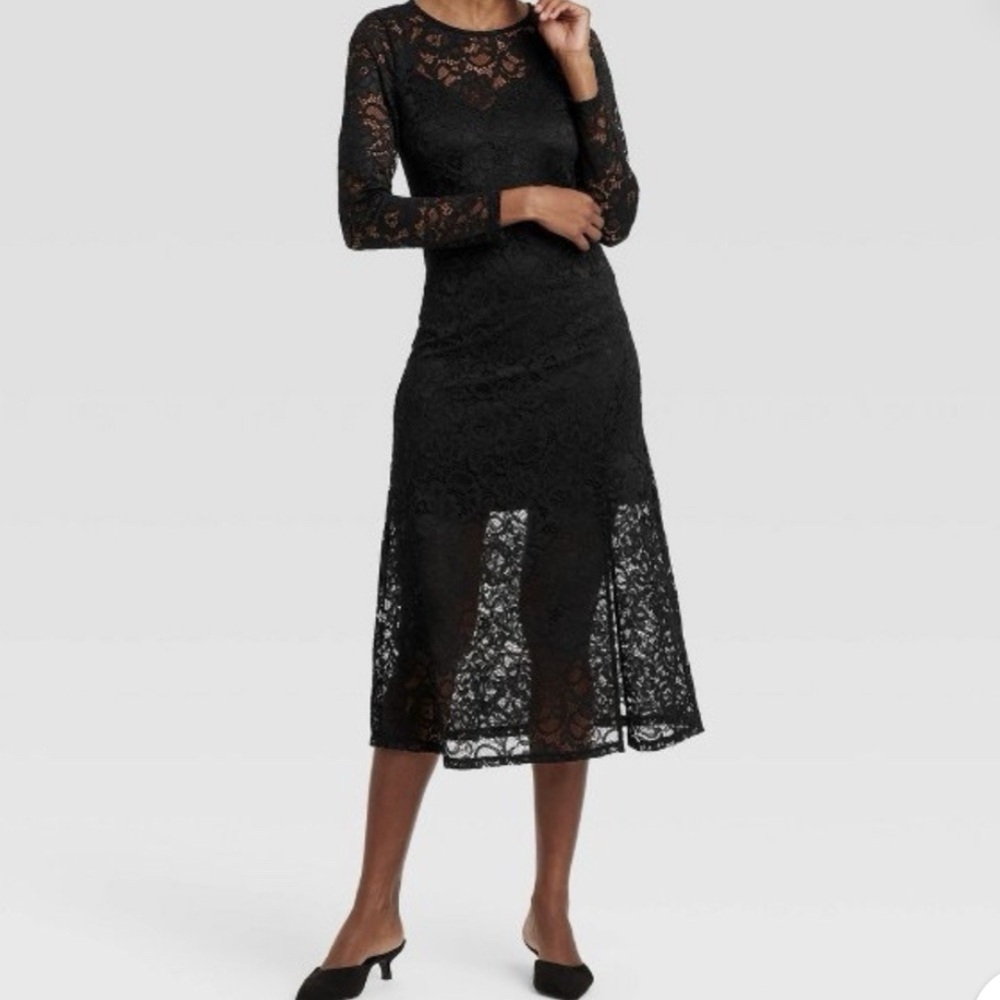 A New Day Black Long-Sleeve Sheath Midi Lace Dress Romantic NWT